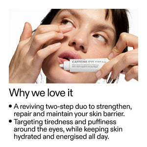 Person applying caffeine eye cream with text highlighting product benefits