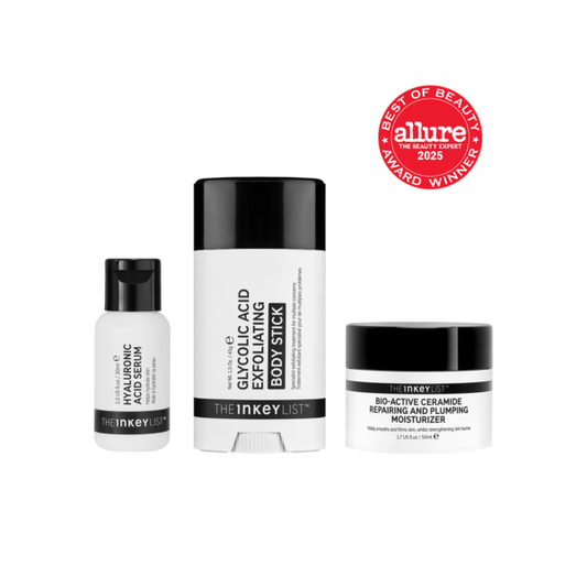 Set of skincare products from The Inkey List with a 'Best of Beauty' Allure award badge on a white background.