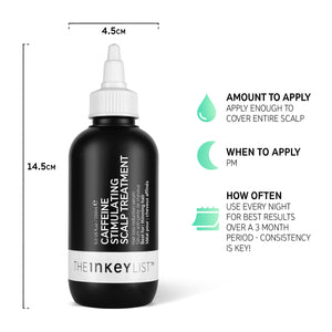 Caffeine stimulating scalp treatment bottle infographic with bottle dimensions and amount to apply (enough to cover entire scalp), when to apply (PM) and how often to apply (use every night for best results over a 3 month period - consistency is key!)