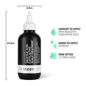 Infographic including text explaining amount to apply (enough to cover scalp), when to apply (AM or PM) and how often to apply (1-2 times a week)