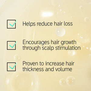 Texture shot with text overlay listing the 3 main benefits of Hair Growth & Volume Duo 'helps reduce hair loss, encourages hair growth through scalp stimulation and proven to increase hair thickness and volume'
