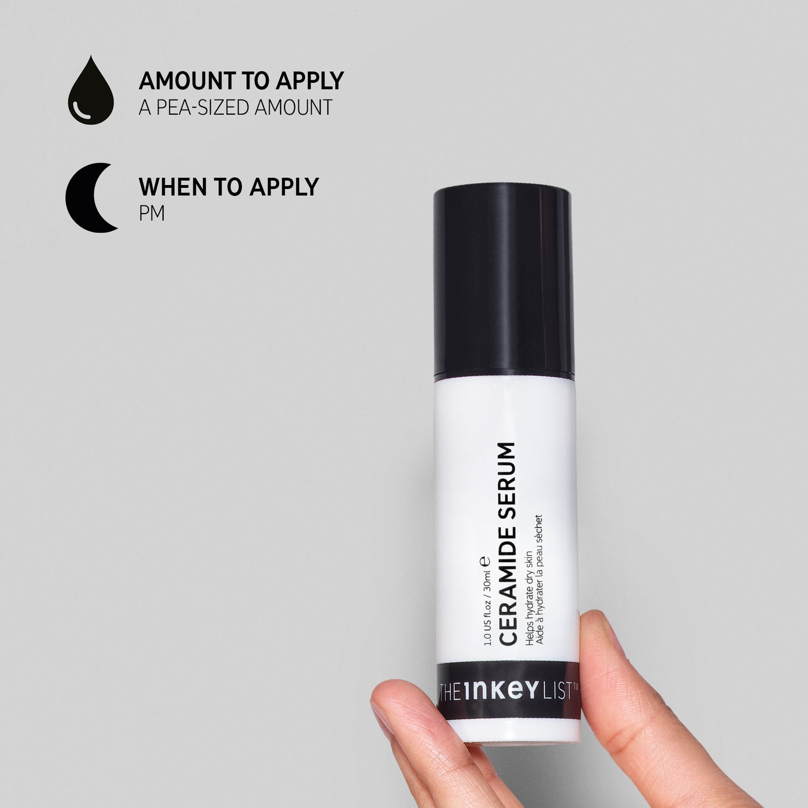 Ceramide Treatment bottle against a grey background with directions of amount to apply (pea-sized amount) and when to apply product (PM) as part of your skincare routine