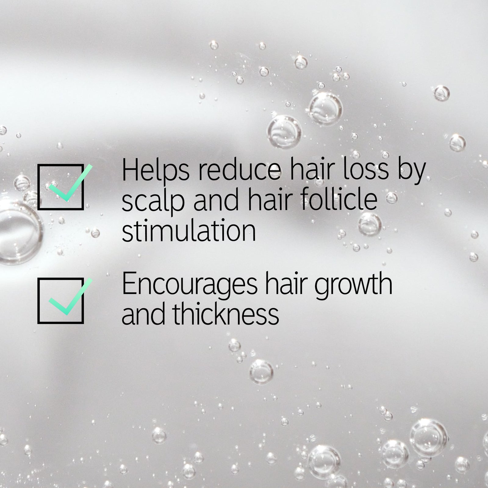 Checklist highlighting the benefits of using The Hair Growth Booster Bundle with text 'Helps reduce hair loss by scalp and hair follicle stimulation' and 'Encourages hair growth and thickness'