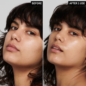 2 images of a model's face side by side to show before and after using Polyglutamic Acid Serum once