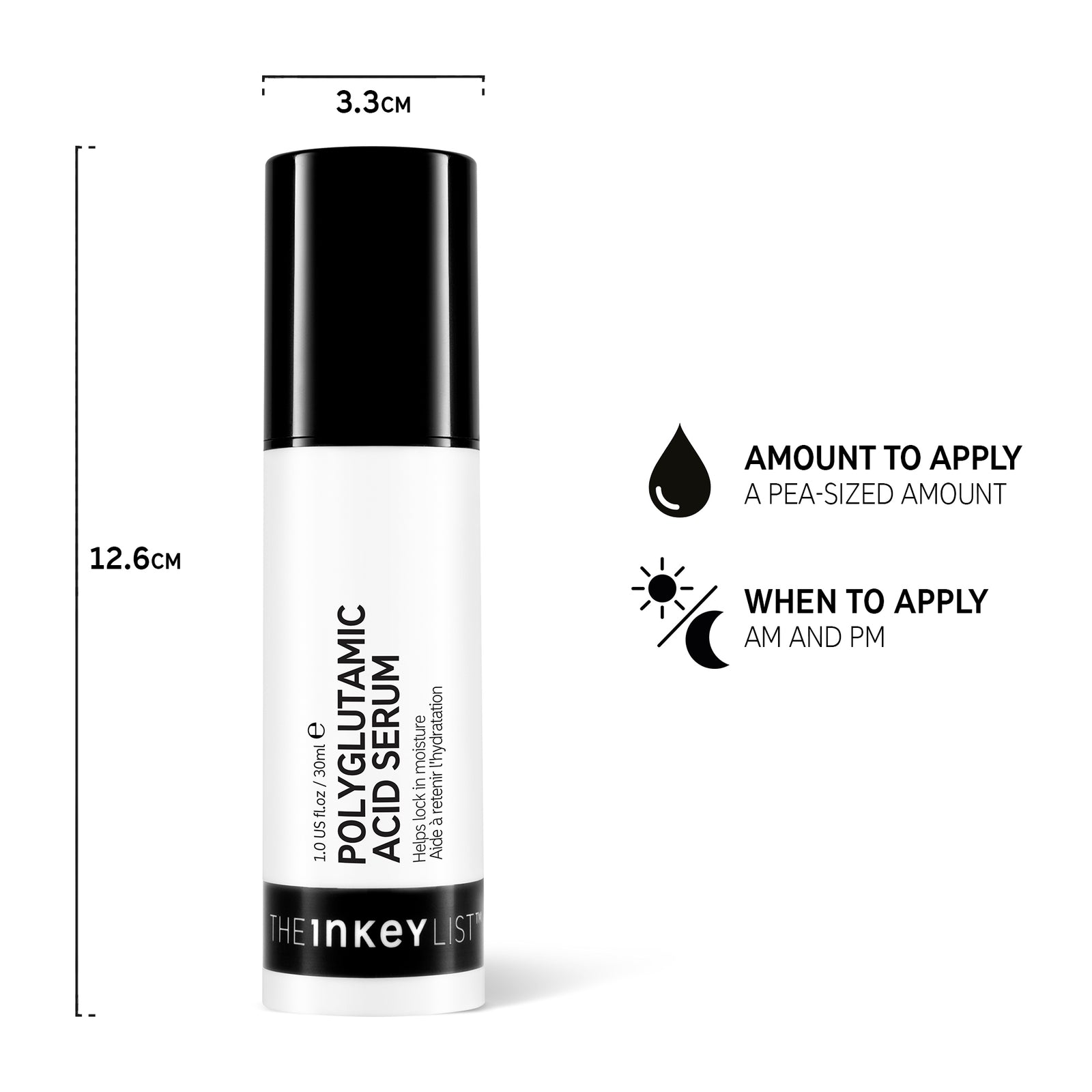 Hand holding a bottle of Polyglutamic Acid Serum against a white background, with black text annotations to explain how and when to use it with text that reads 'Amount to apply (pea-sized amount)' and 'When to apply (AM and PM)'