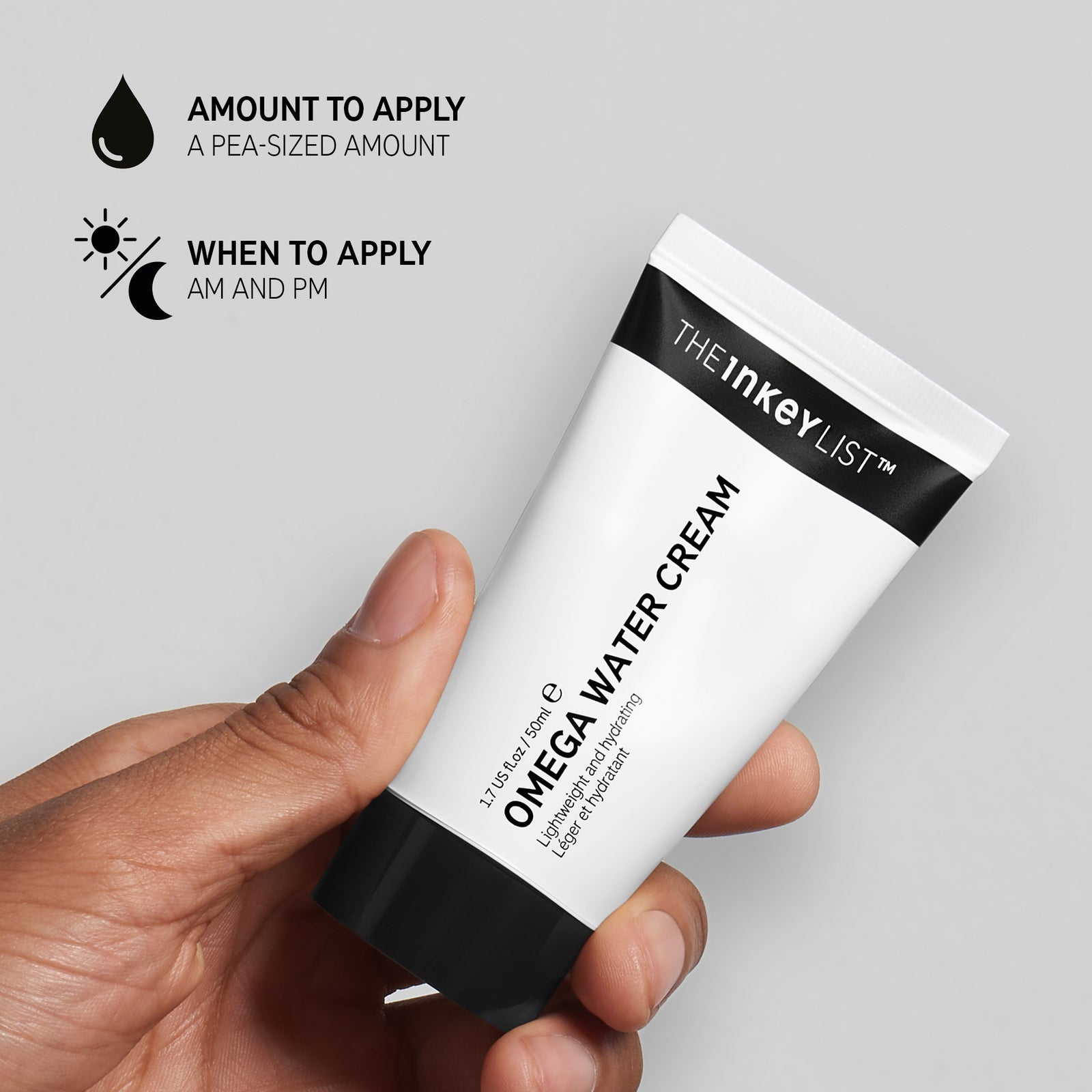Hand holding Omega Water Cream with black text that reads 'Amount to apply: pea-sized amount' and 'When to apply: AM & PM'