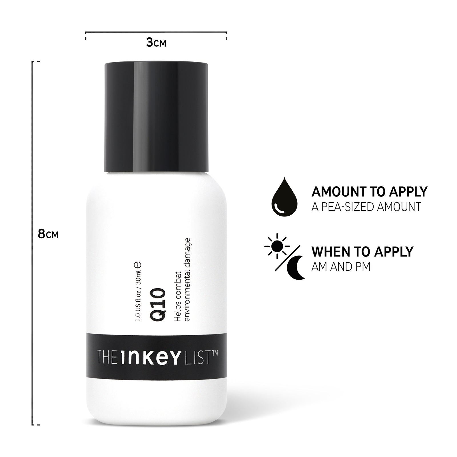 How and when to use Q10 Serum in your routine. Also included in infographic are the dimensions of the 30ml bottle. 8X3CM Q10 Serum pack shot annotated with how and when to use it and dimensions of bottle. Text reads 'Amount to apply (pea-sized amount)' and 'When to apply (AM and PM)'