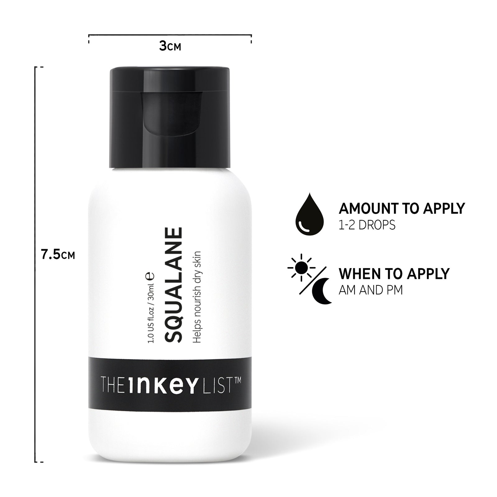Squalane Oil bottle dimensions and info graphic when to apply in your routine and how much to apply with text explaining 'amount to apply (1-2 drops)' and 'when to apply (AM and PM)'