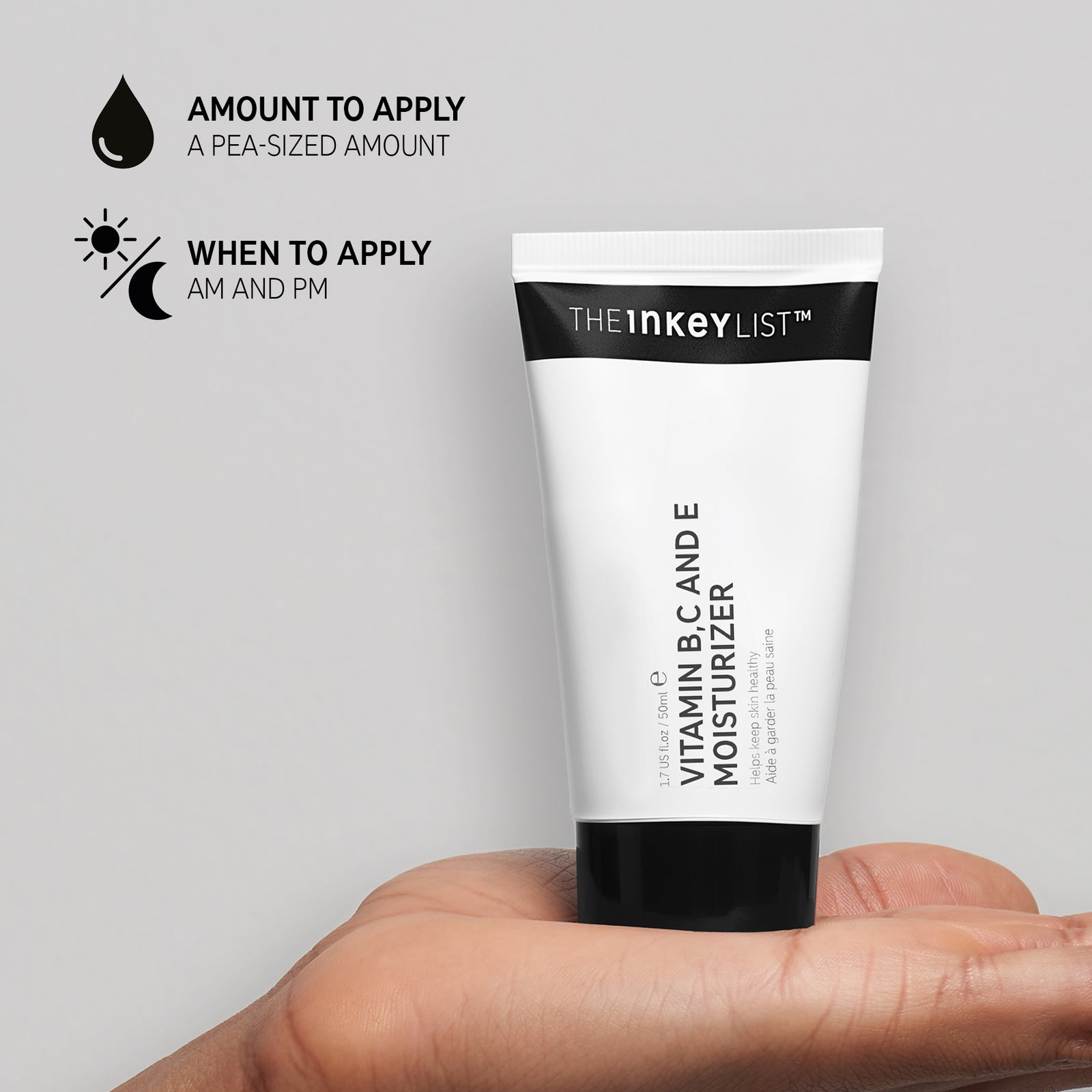 Hand holding Vitamin B, C and E Moisturizer with text: Amount to apply (pea-szied amount) and when to use it in your routine (AM and PM)